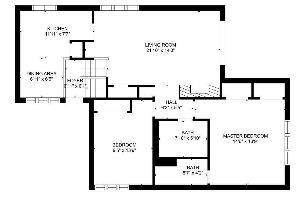 2D floorplan with dimensions of each room and blueprint style information about layout of doors, stairs, and more.