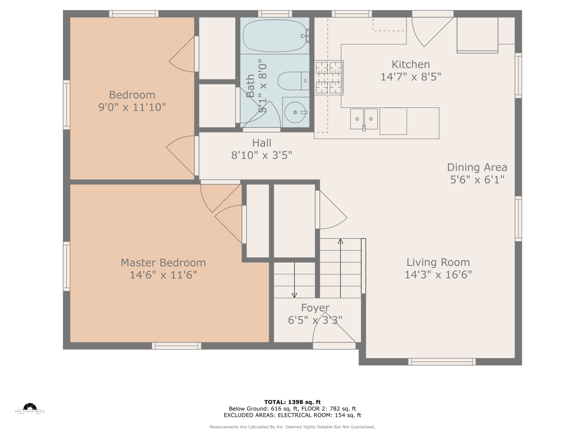 A colored floor plan with room names, dimensions, and permanent fixtures like cabinets and bathtubs included.